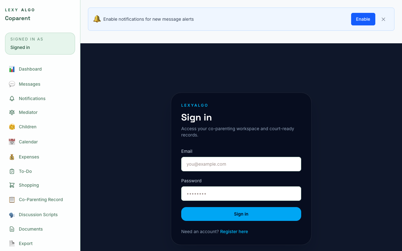 Co-Parent App — login and dashboard at kid.lexyalgo.com